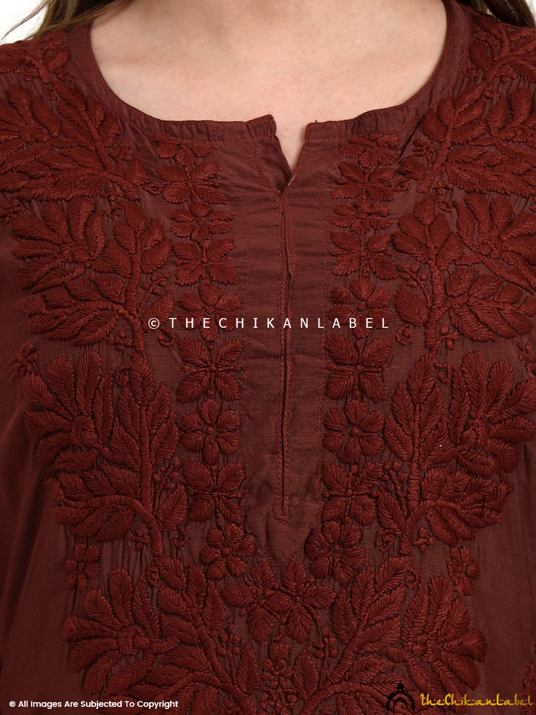 Oishi Muslin Chikankari Straight Kurti - Choco