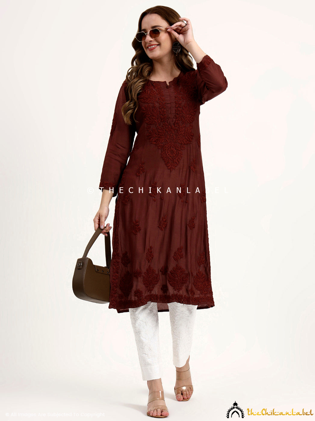 Oishi Muslin Chikankari Straight Kurti - Choco