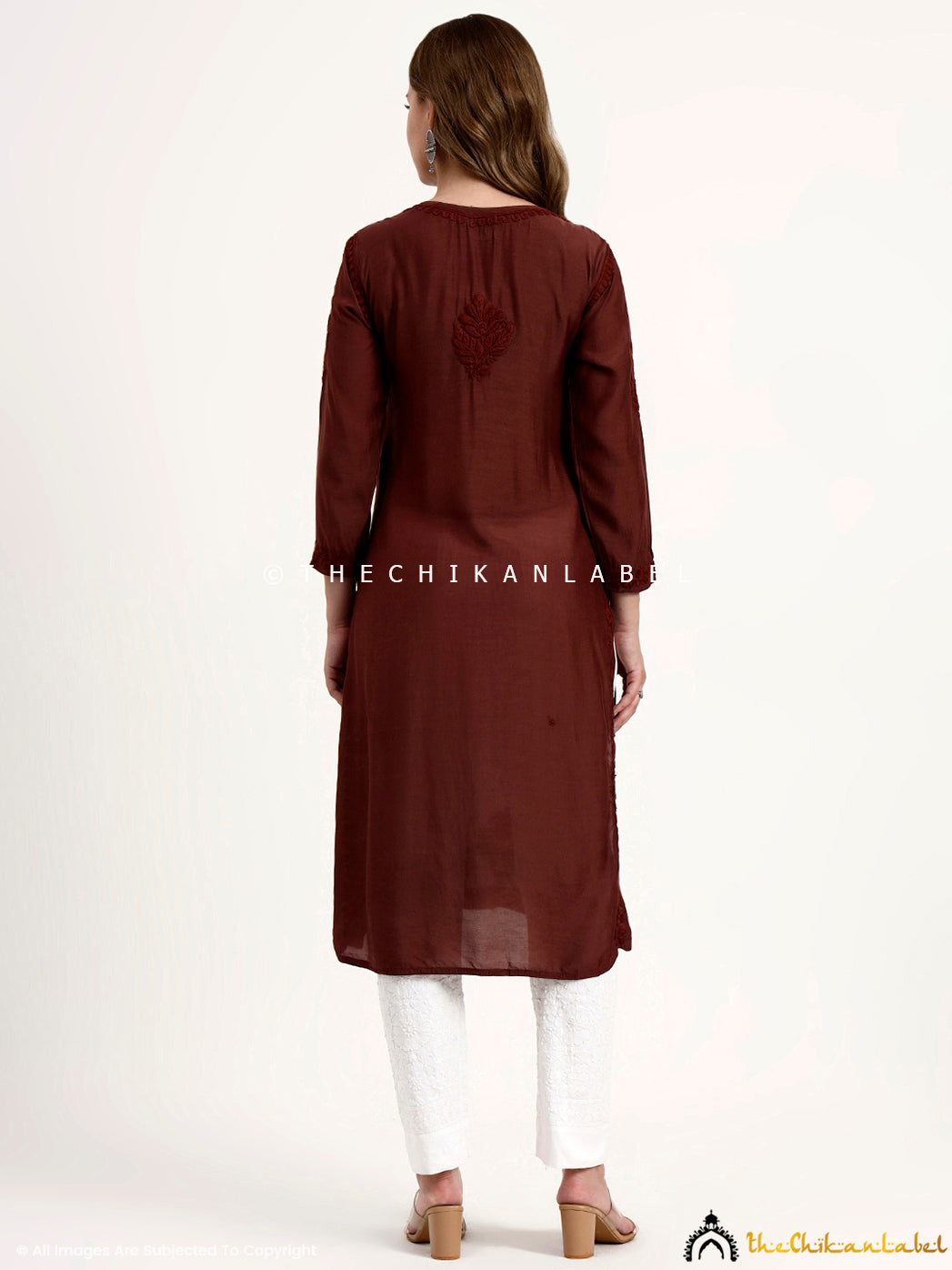 Oishi Muslin Chikankari Straight Kurti - Choco