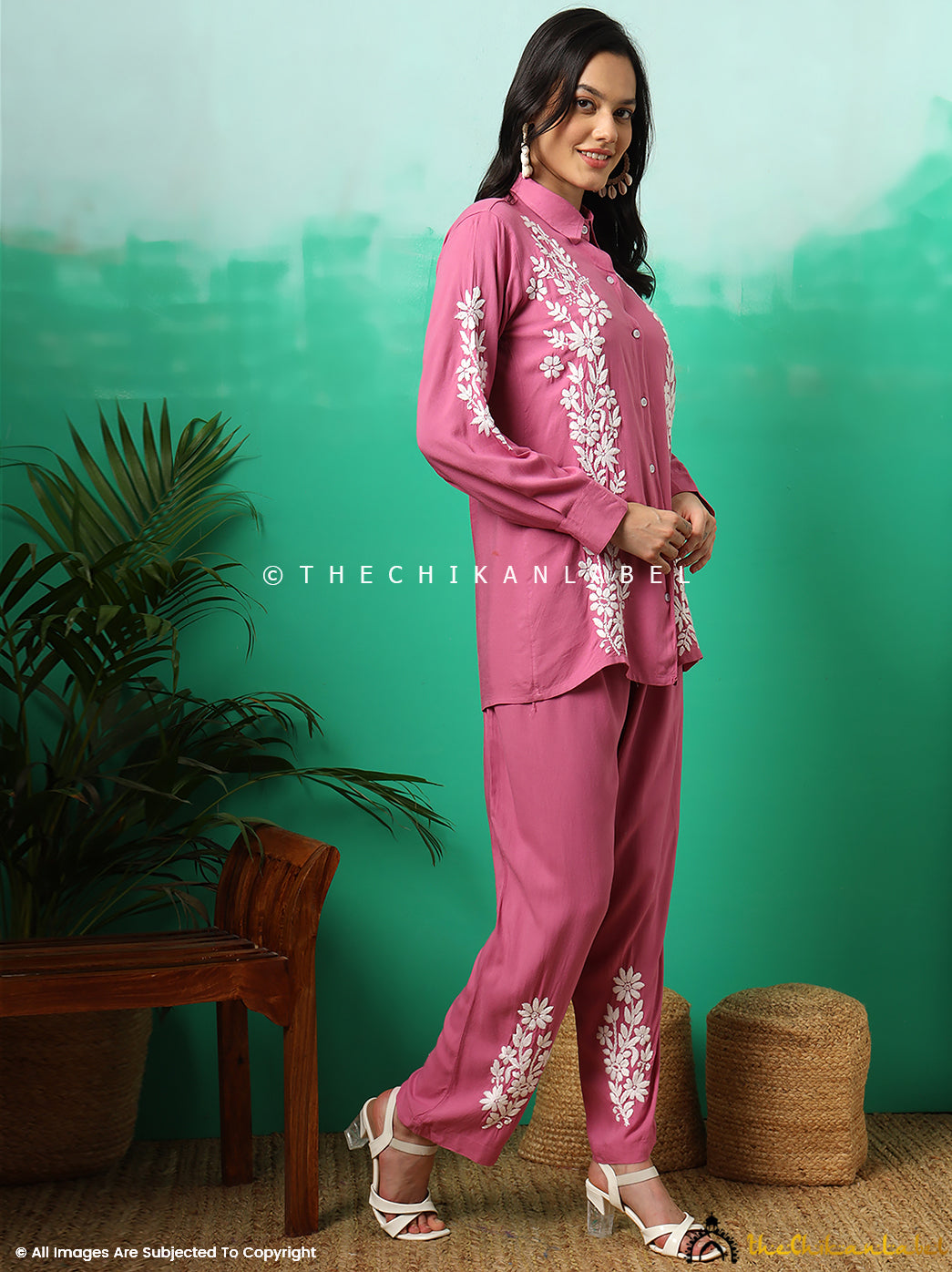 Onion Pink Anvika Rayon Chikankari Co-ord Set