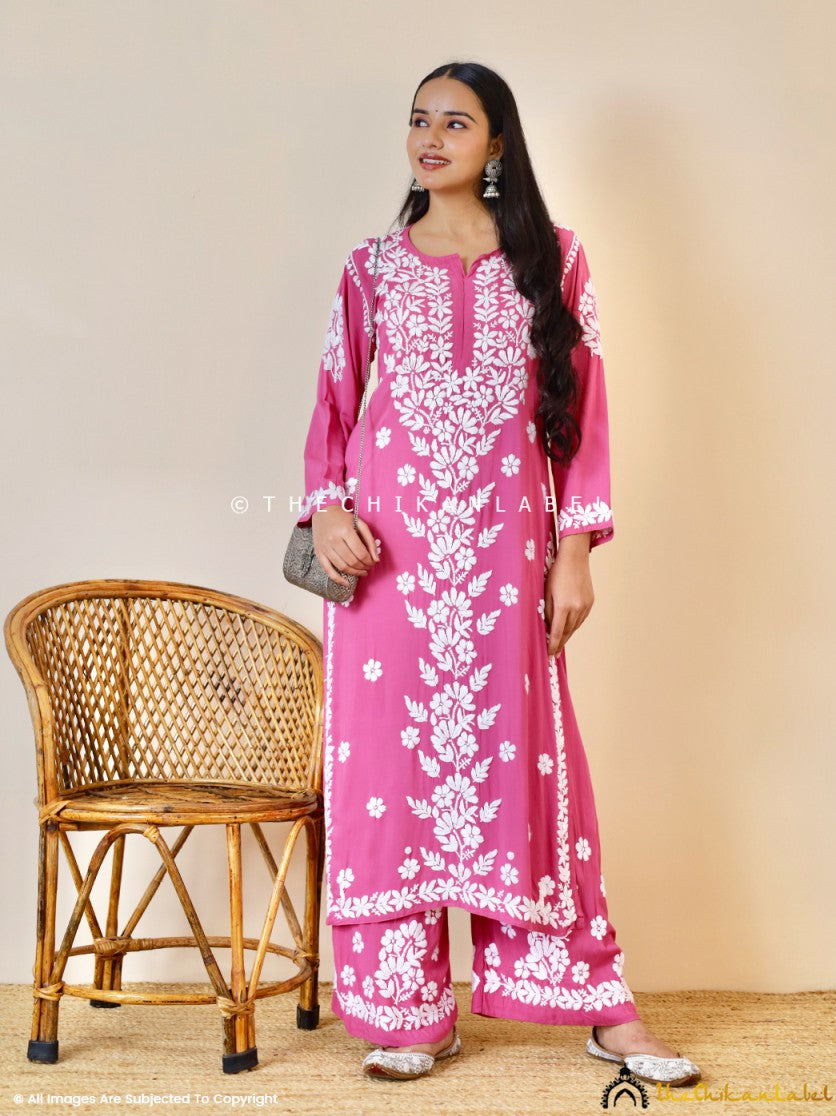 Onion Pink Kashish Modal Chikankari Kurti Palazzo Set