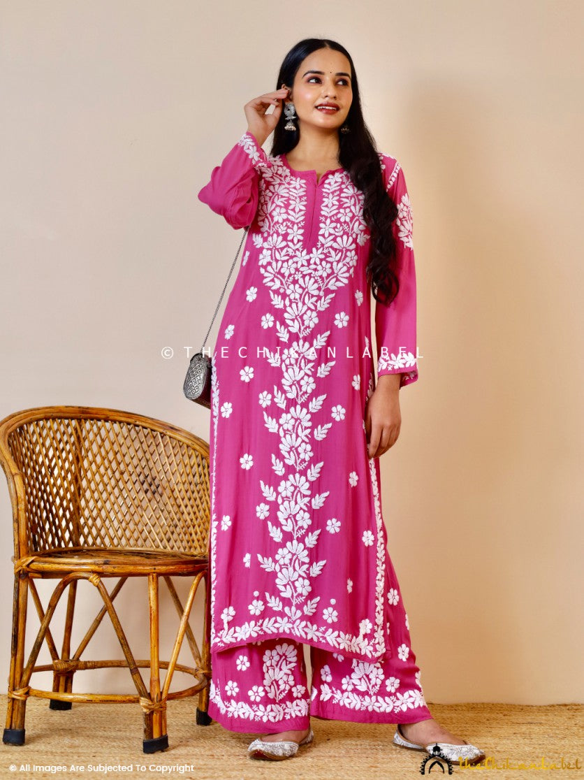 Onion Pink Kashish Modal Chikankari Kurti Palazzo Set