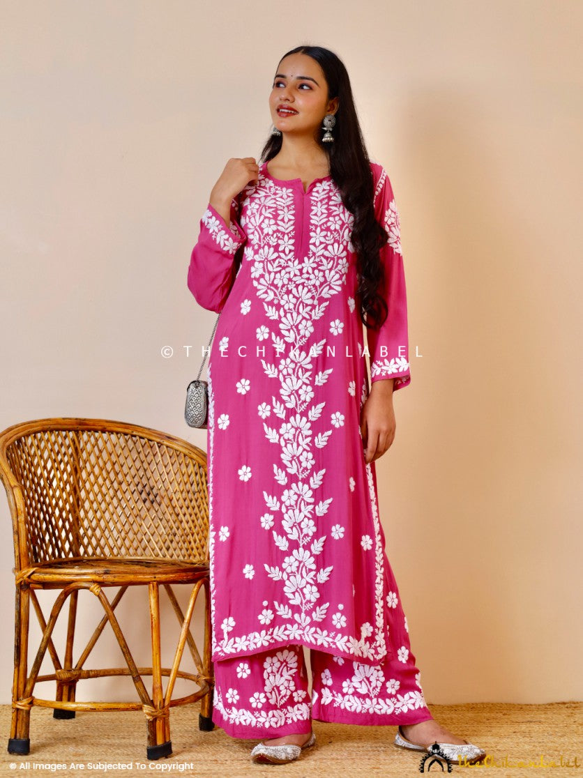 Onion Pink Kashish Modal Chikankari Kurti Palazzo Set