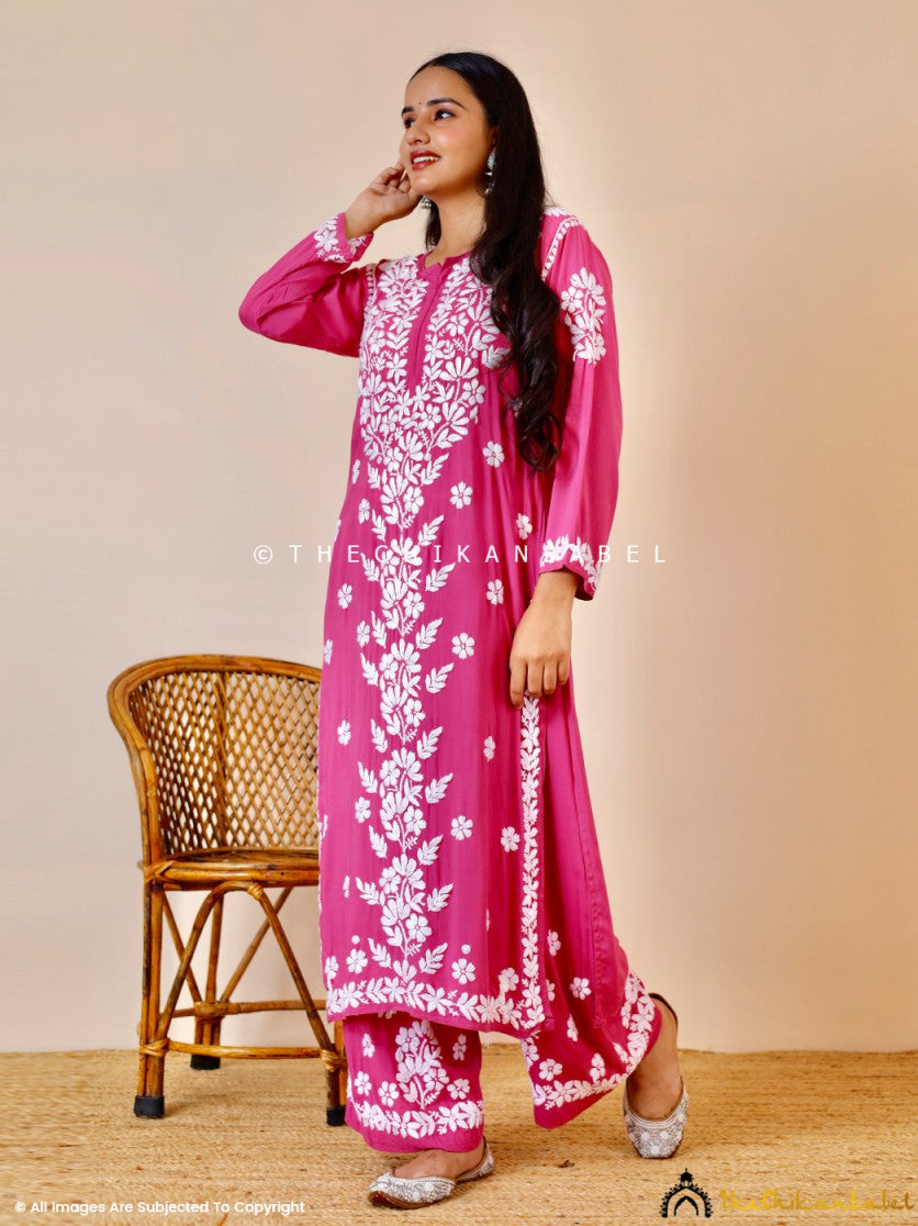 Onion Pink Kashish Modal Chikankari Kurti Palazzo Set