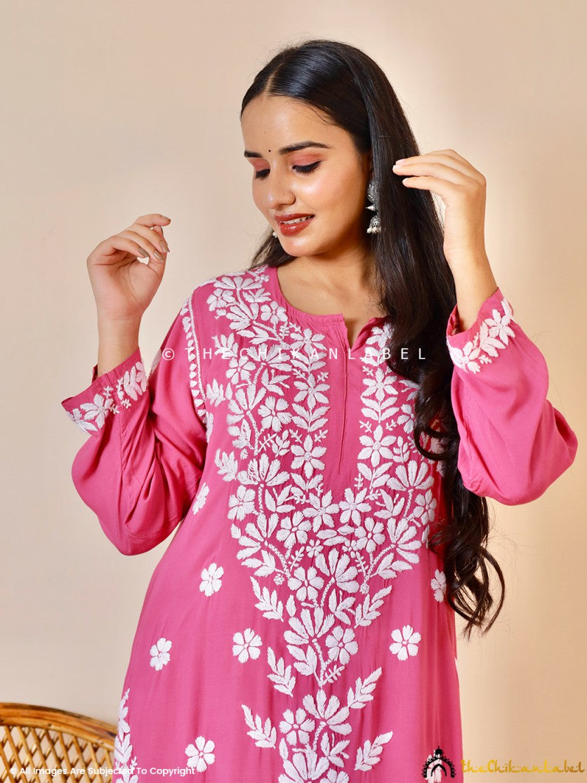 Onion Pink Kashish Modal Chikankari Kurti Palazzo Set