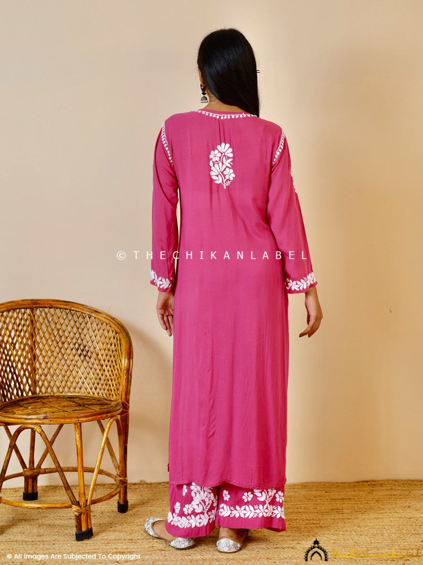 Onion Pink Kashish Modal Chikankari Kurti Palazzo Set