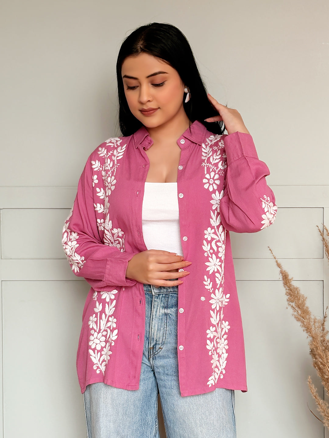 Anvika Rayon Chikankari Shirt - Onion Pink