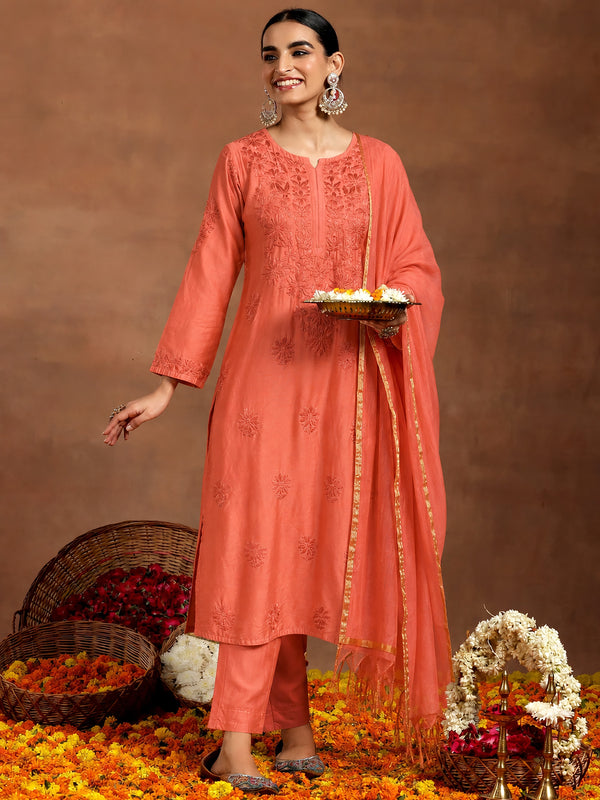 Hanshika Chanderi Chikankari Kurta Set with Dupatta - Orange