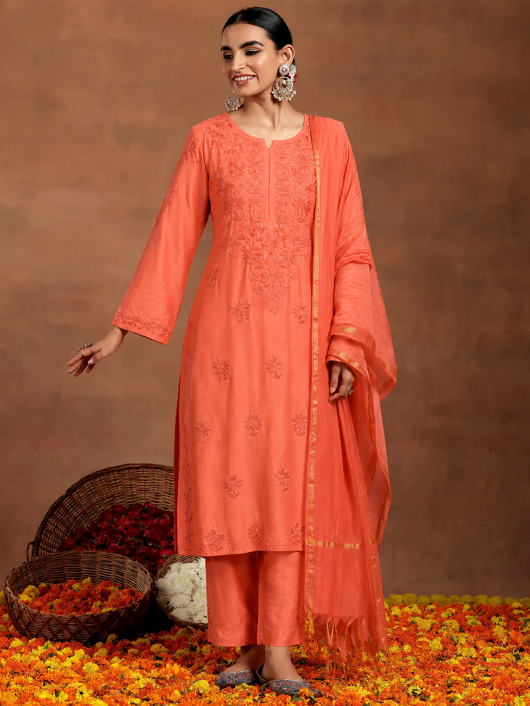 Hanshika Chanderi Chikankari Kurta Set with Dupatta - Orange