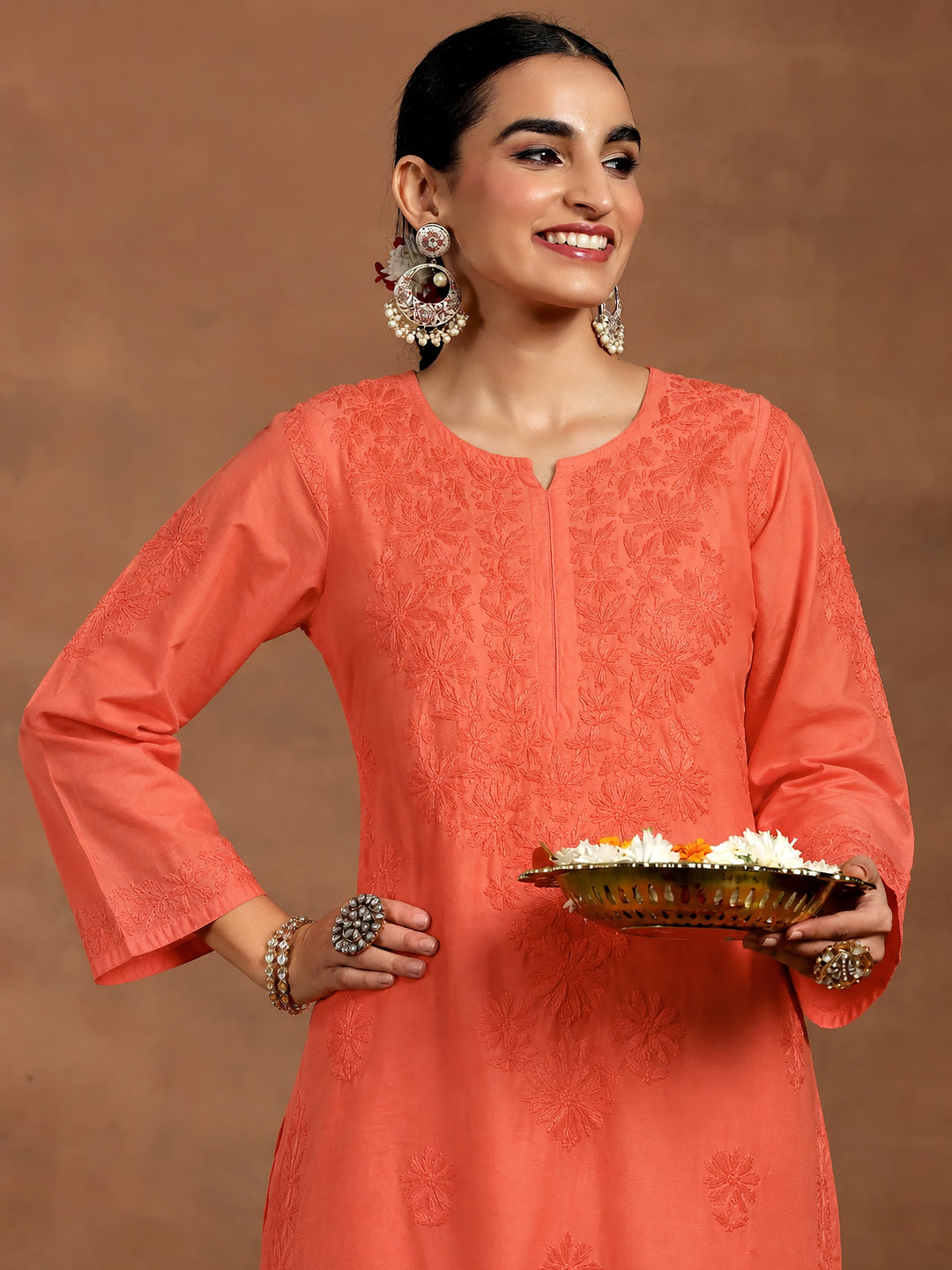 Hanshika Chanderi Chikankari Kurta Set with Dupatta - Orange