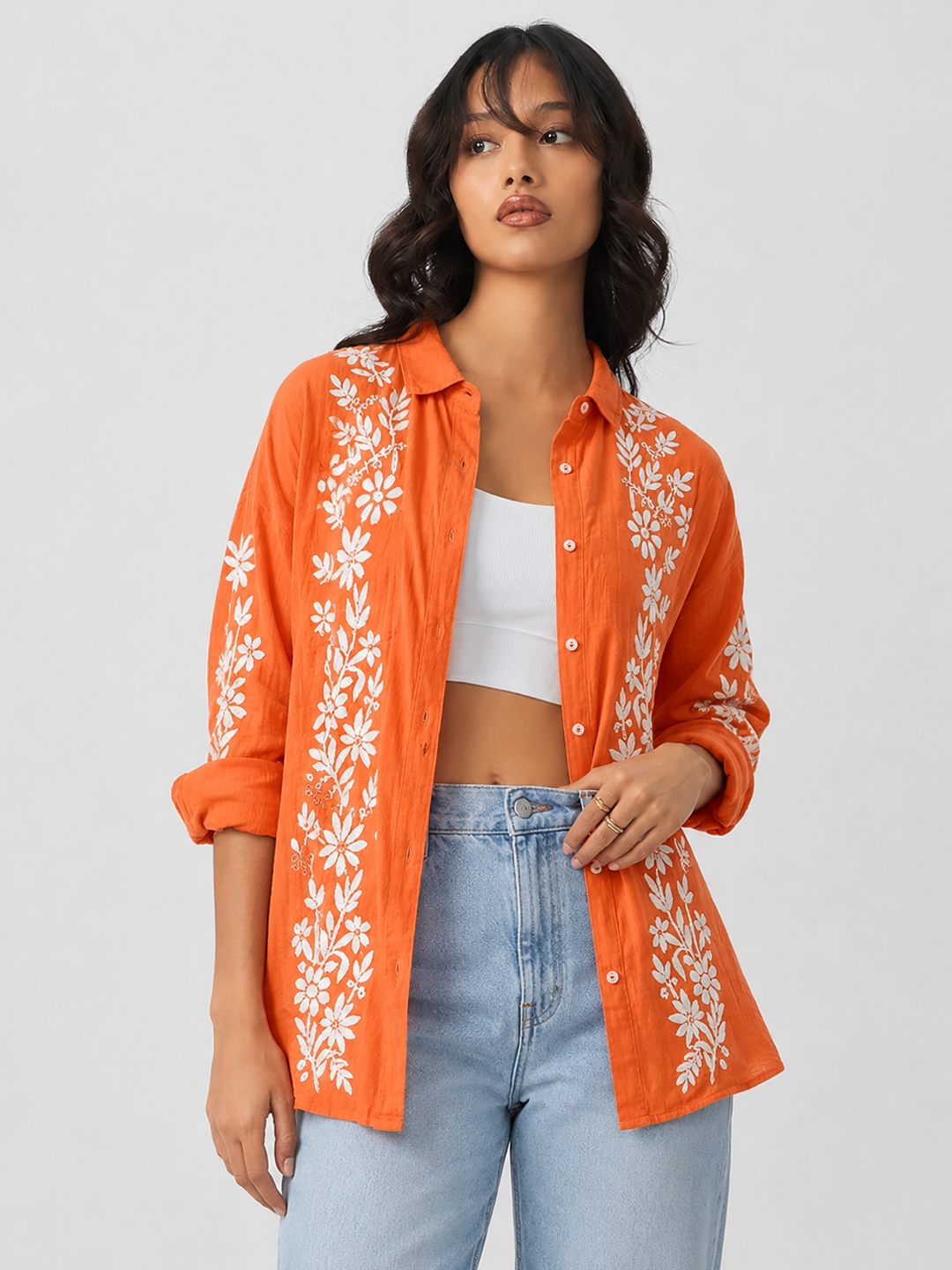 Anvika Rayon Chikankari Shirt - Orange