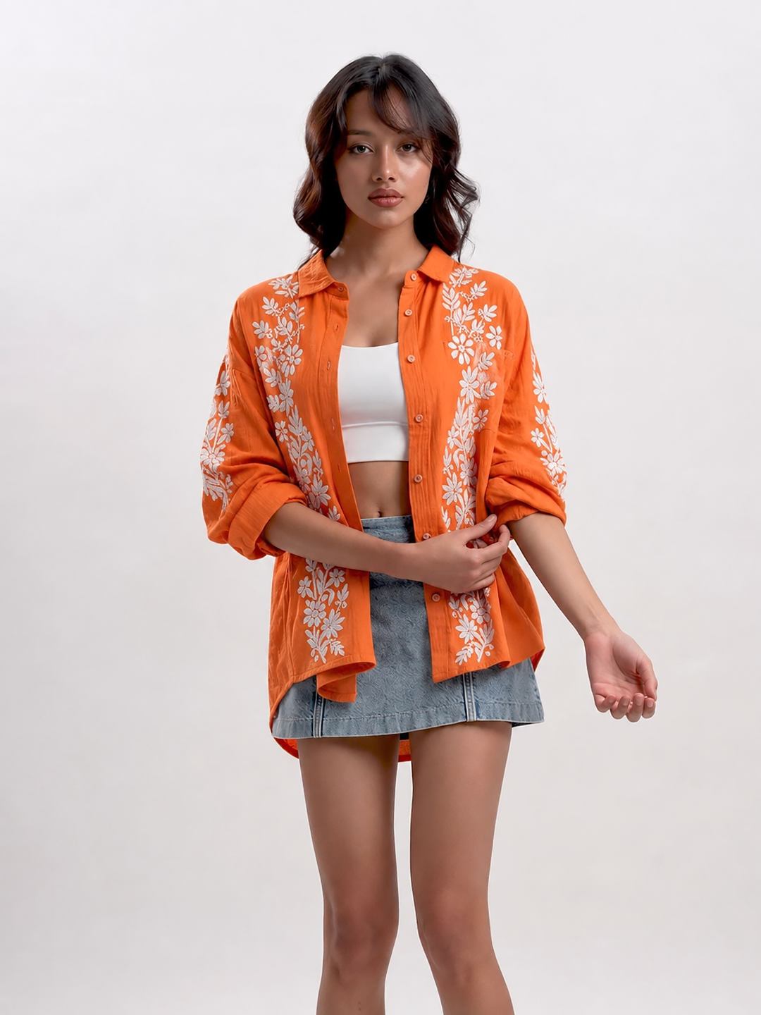 Anvika Rayon Chikankari Shirt - Orange