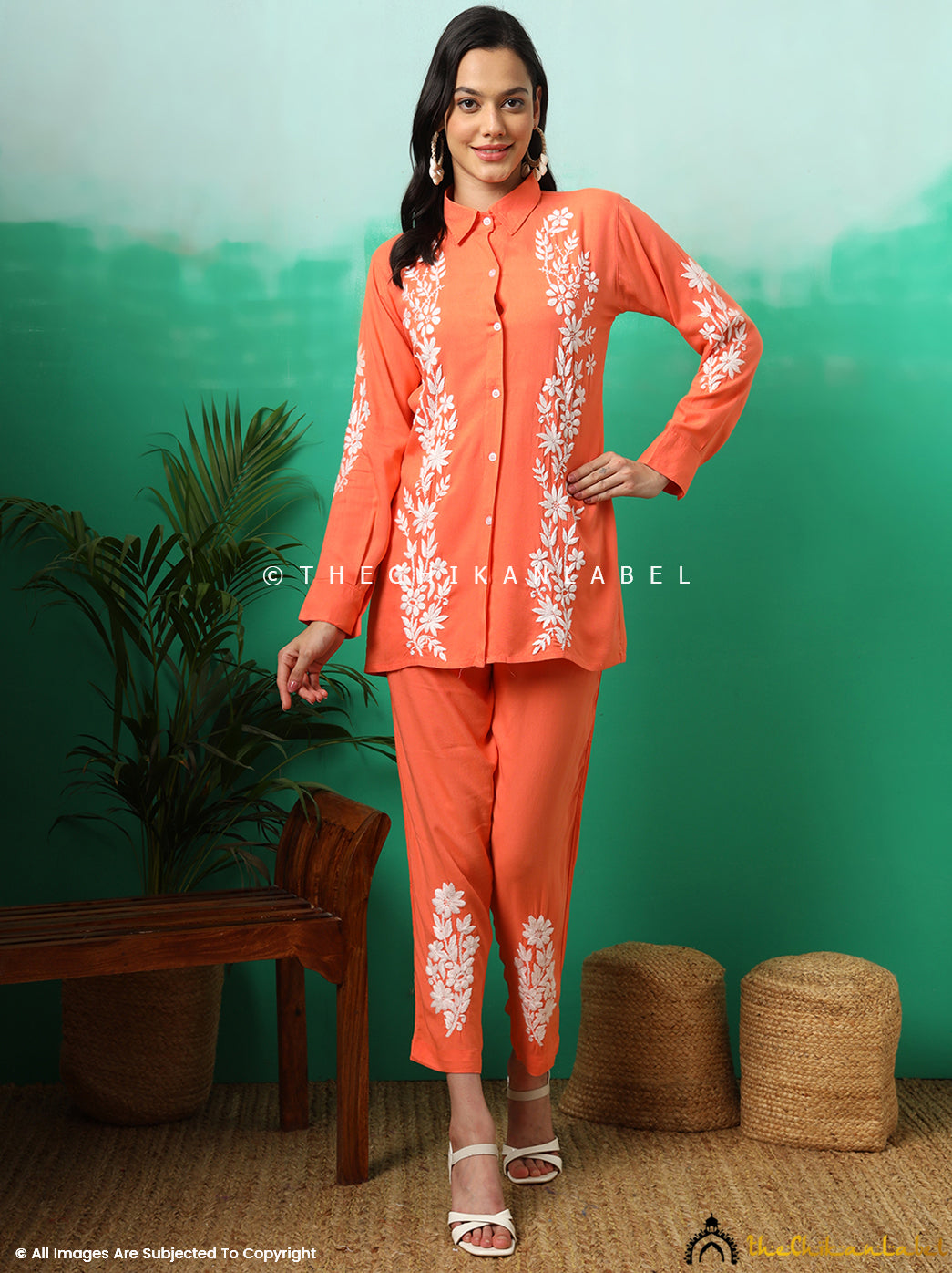 Orange Anvika Rayon Chikankari Co-ord Set