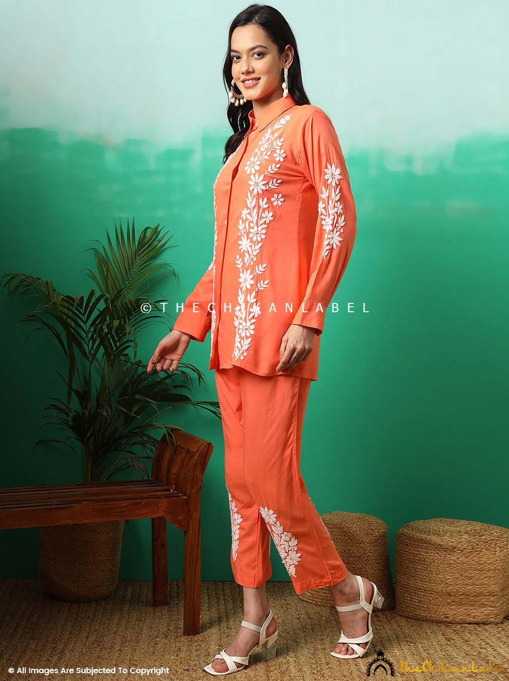 Orange Anvika Rayon Chikankari Co-ord Set