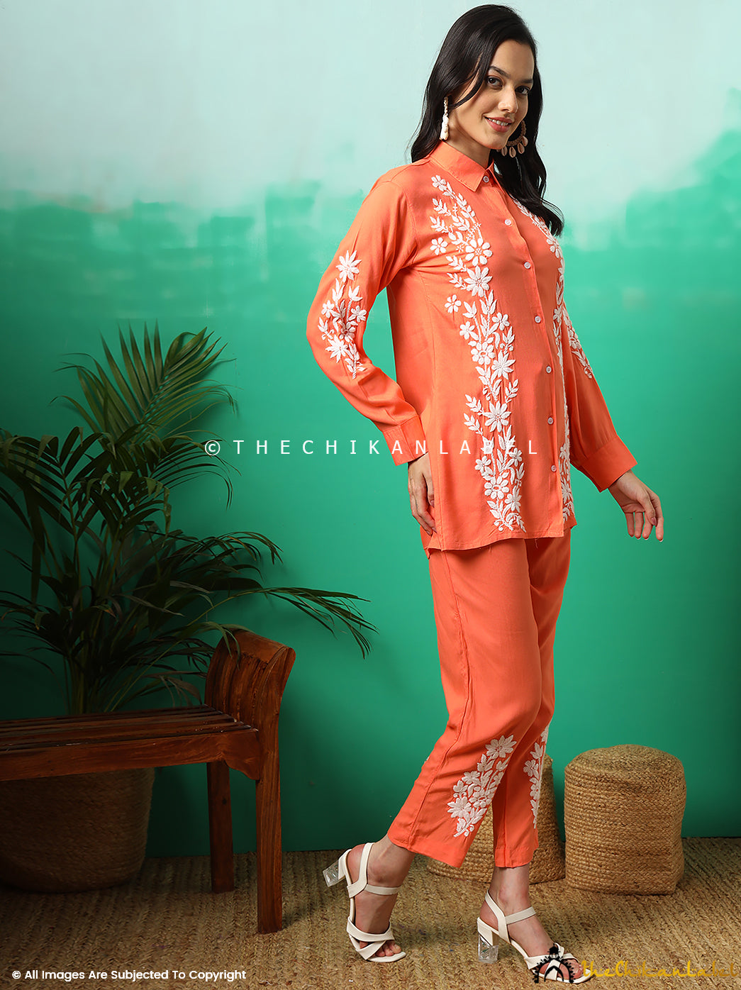 Orange Anvika Rayon Chikankari Co-ord Set