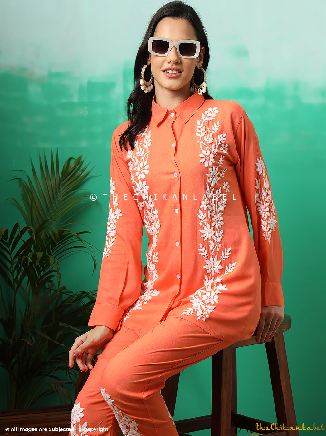 Orange Anvika Rayon Chikankari Co-ord Set