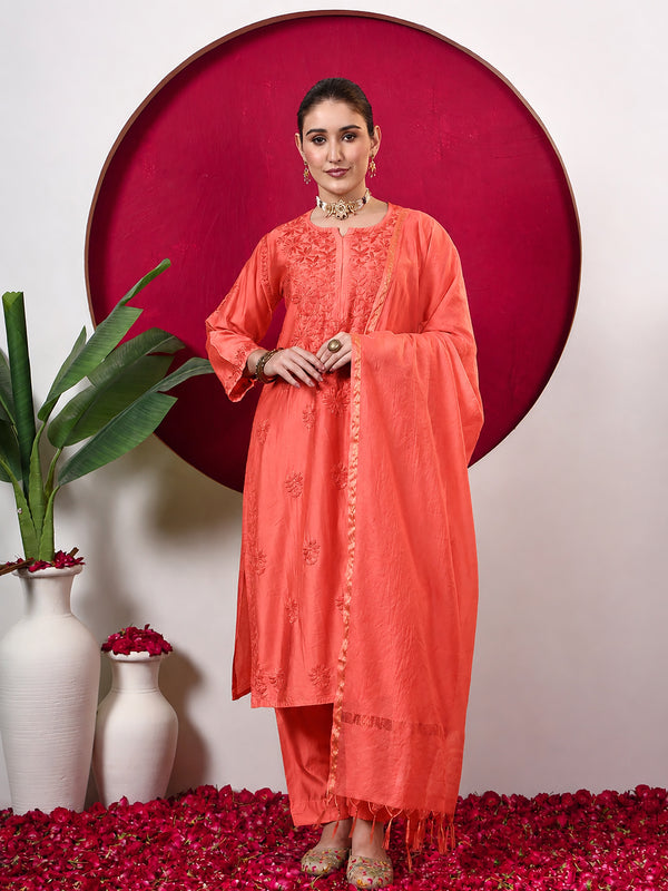 Hanshika Chanderi Chikankari Kurta Set with Dupatta - Orange