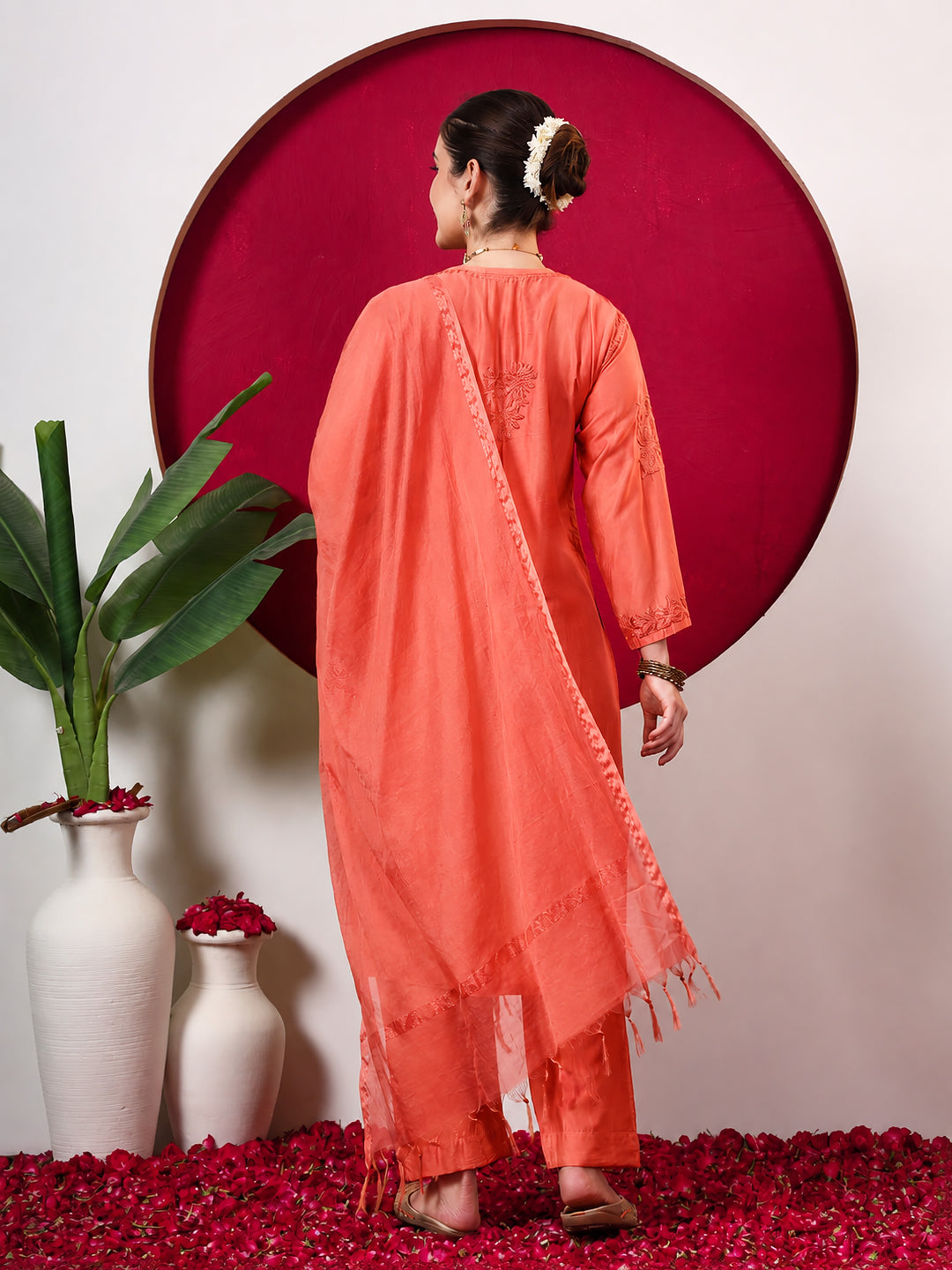 Hanshika Chanderi Chikankari Kurta Set with Dupatta - Orange