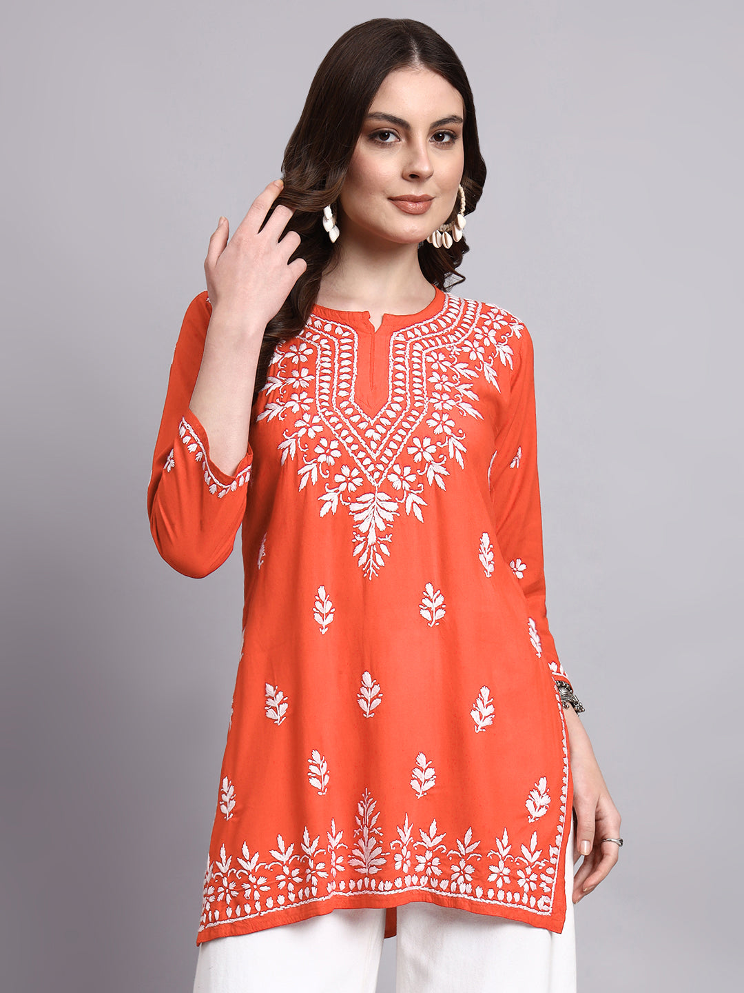 Handcrafted chikankari embroidered short kurta for women with minimal yet elegant design
