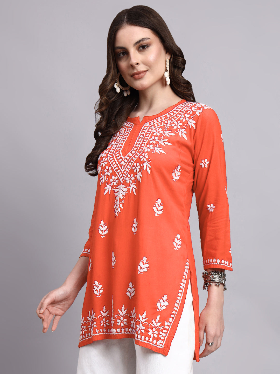 Handmade chikankari short kurta showcasing traditional embroidery techniques on premium rayon fabric