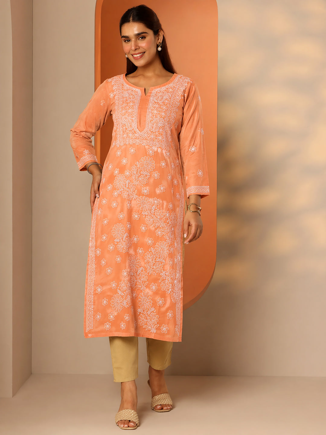 Traditional chikankari embroidery kurti with straight fit style perfect for office wear and casual outings