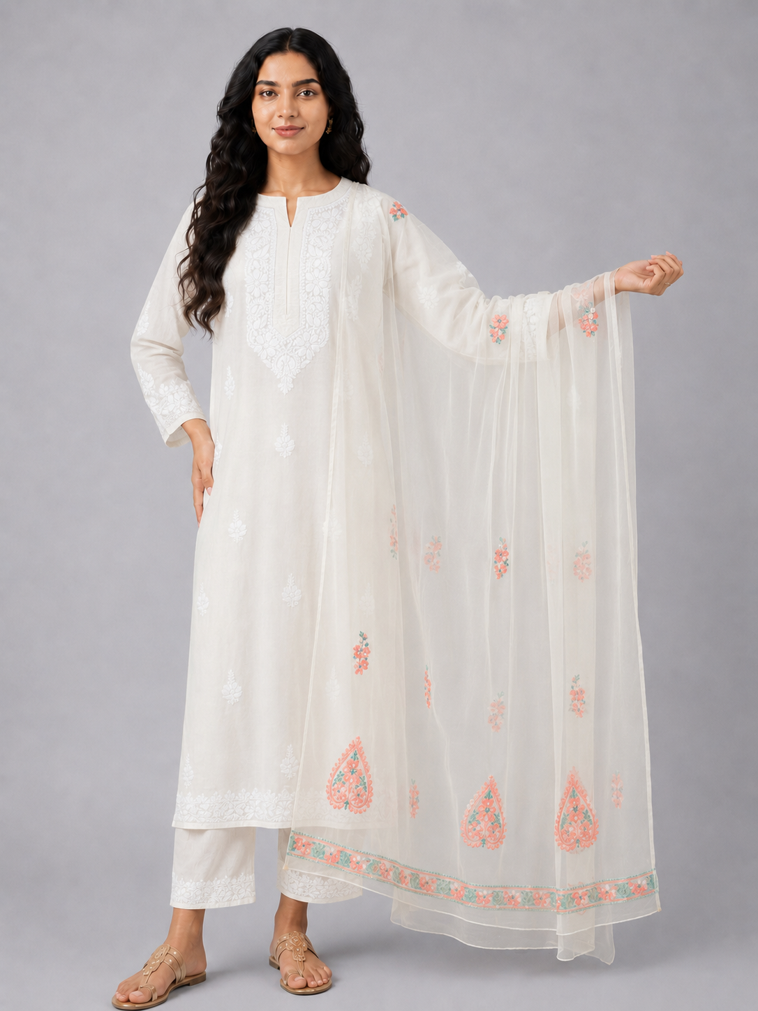 Peach Semi Organza Chikankari Dupatta