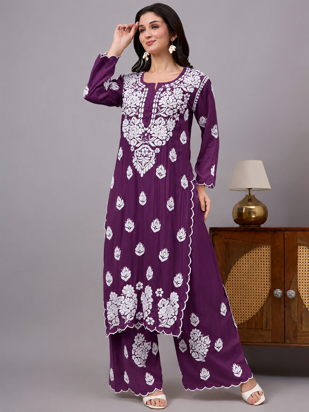 Najat Modal Chikankari Kurti Palazzo Set - Purple