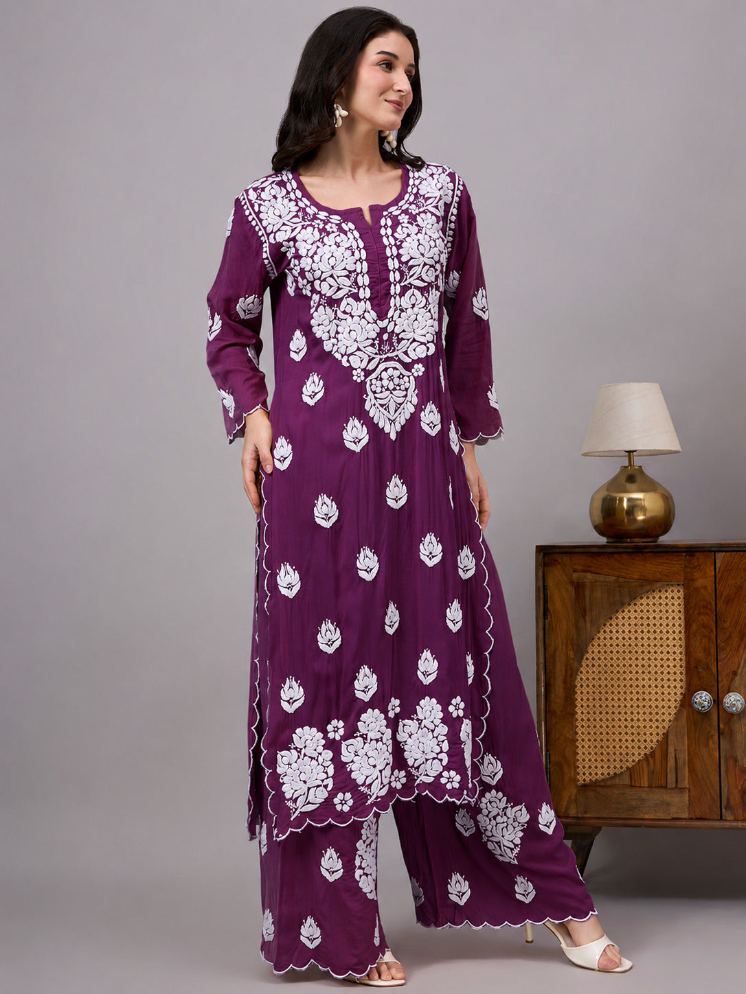 Najat Modal Chikankari Kurti Palazzo Set - Purple