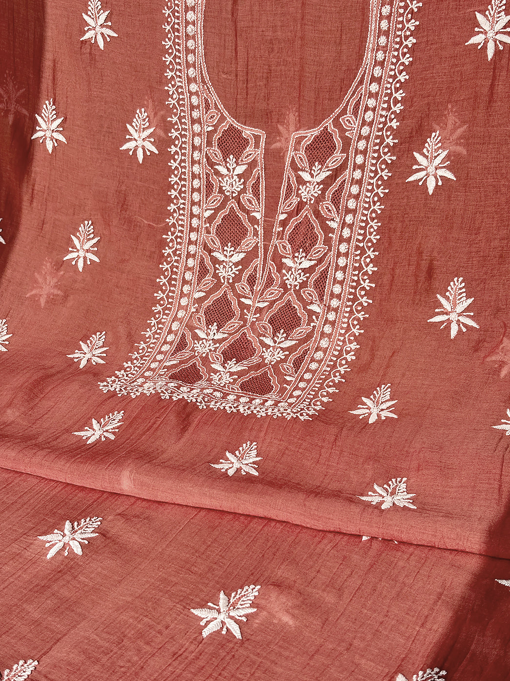 “Premium mulmul fabric unstitched chikankari kurti set with dupatta showcasing floral embroidery motifs”