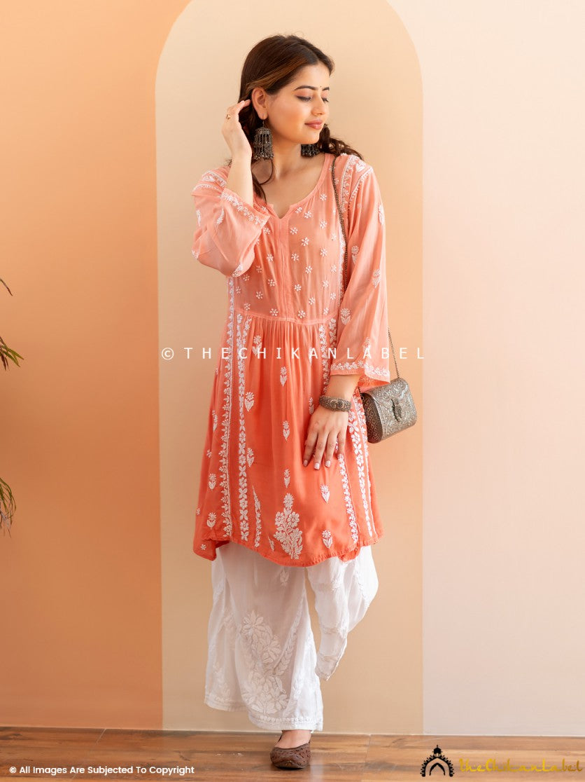 Peach Tvisha Crepe A-Line Chikankari Peplum Top