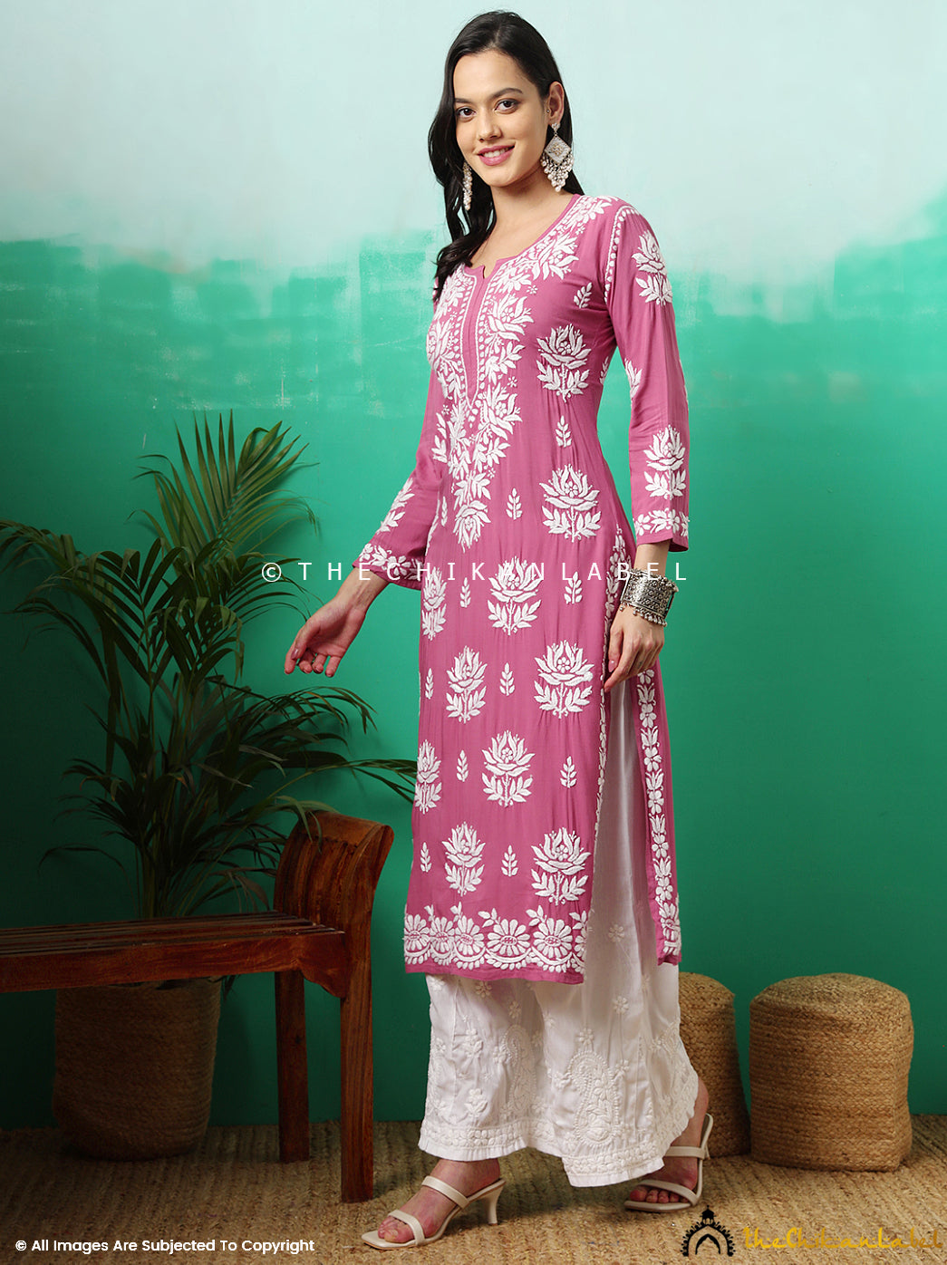 Peach Tanvi Modal Chikankari Straight Kurti