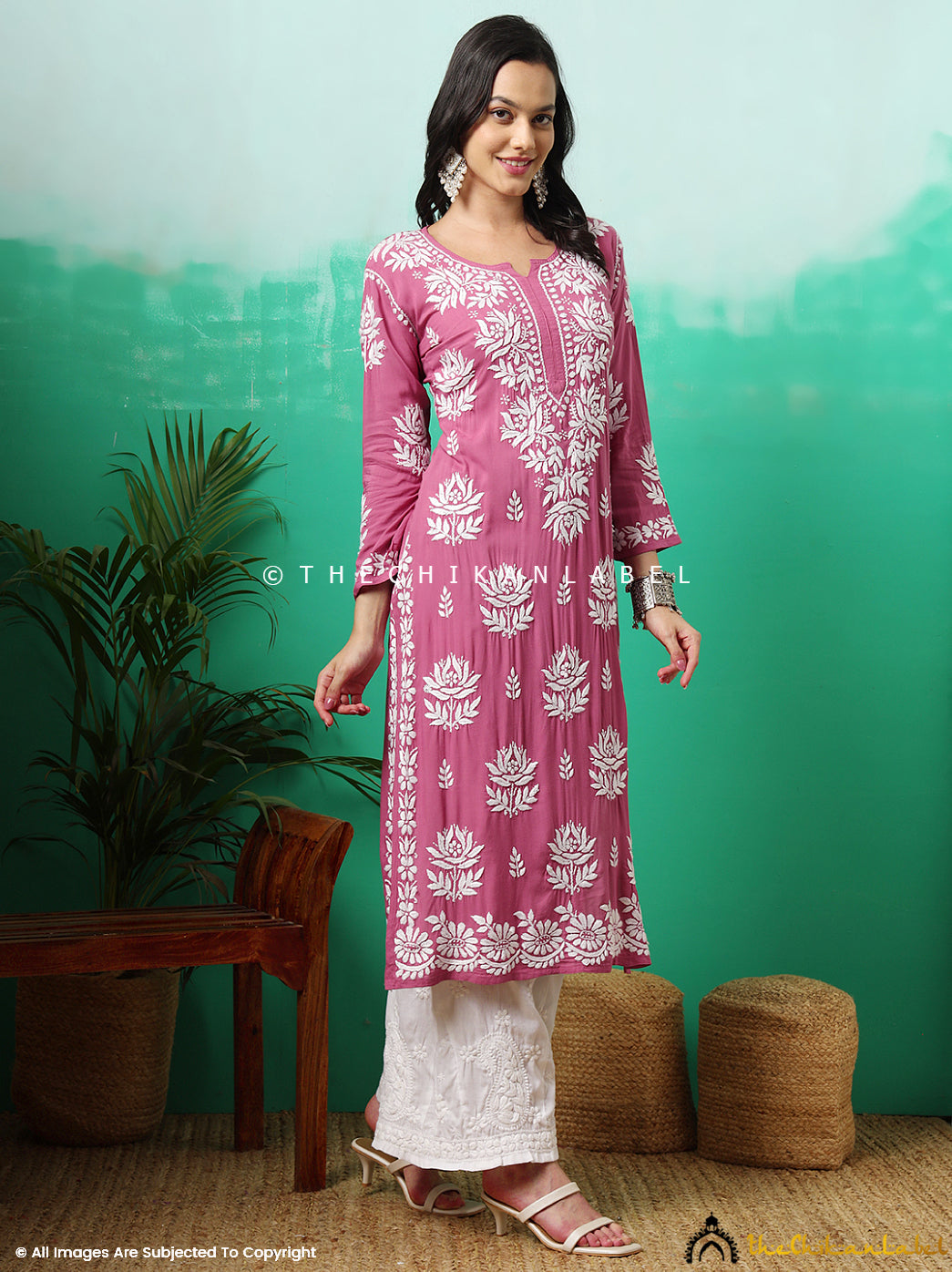 Peach Tanvi Modal Chikankari Straight Kurti