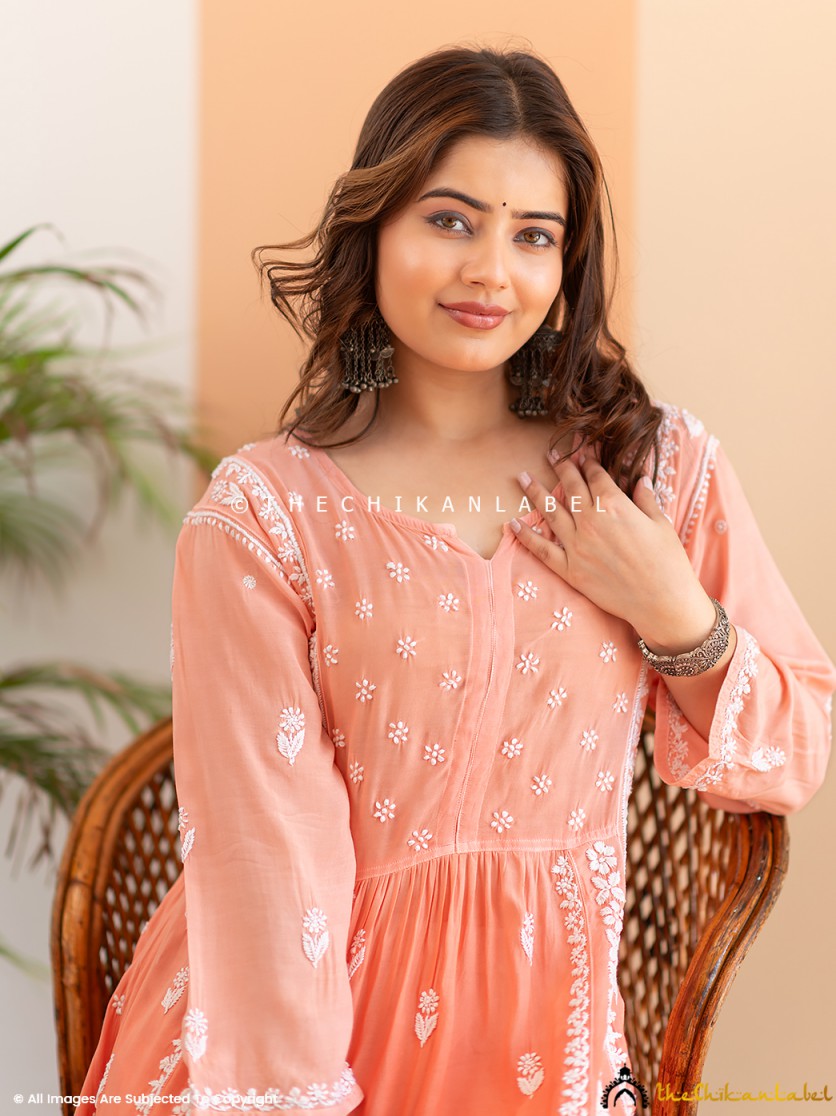 Peach Tvisha Crepe A-Line Chikankari Peplum Top