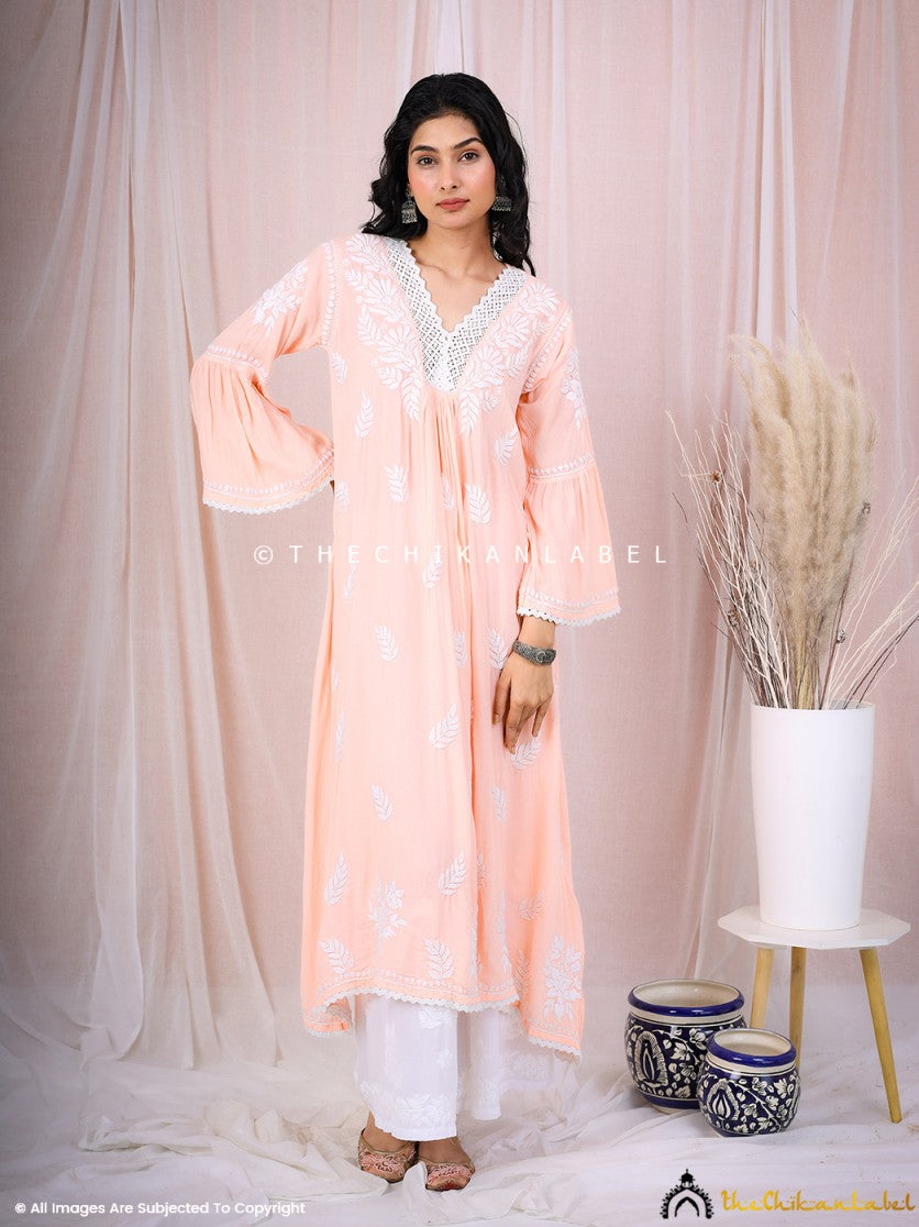 Peach Ruhina Modal Chikankari A-Line Kurti ,Chikankari A-Line Kurti in Modal fabric For Woman