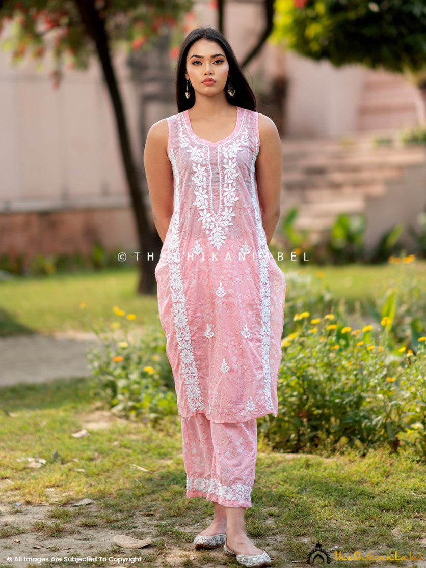 Peach Aanya Cotton Chikankari Kurta Set ,Chikankari Kurta Set in Cotton Fabric For Woman