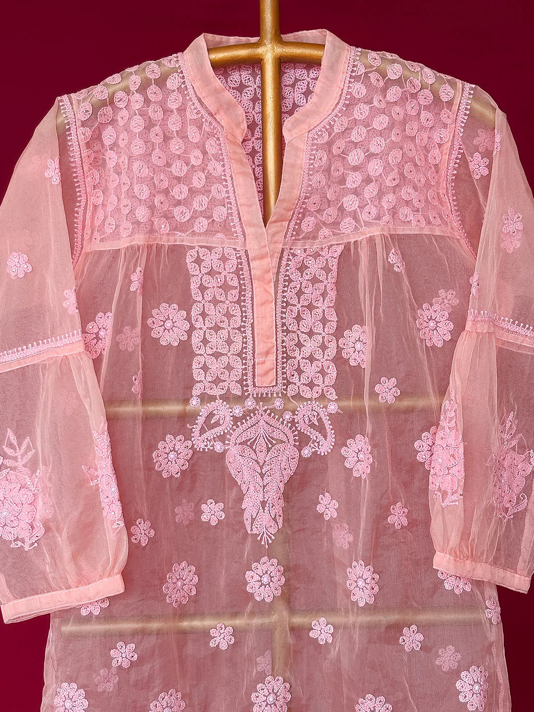 Aashna Organza Chikankari Short Kurta - Peach