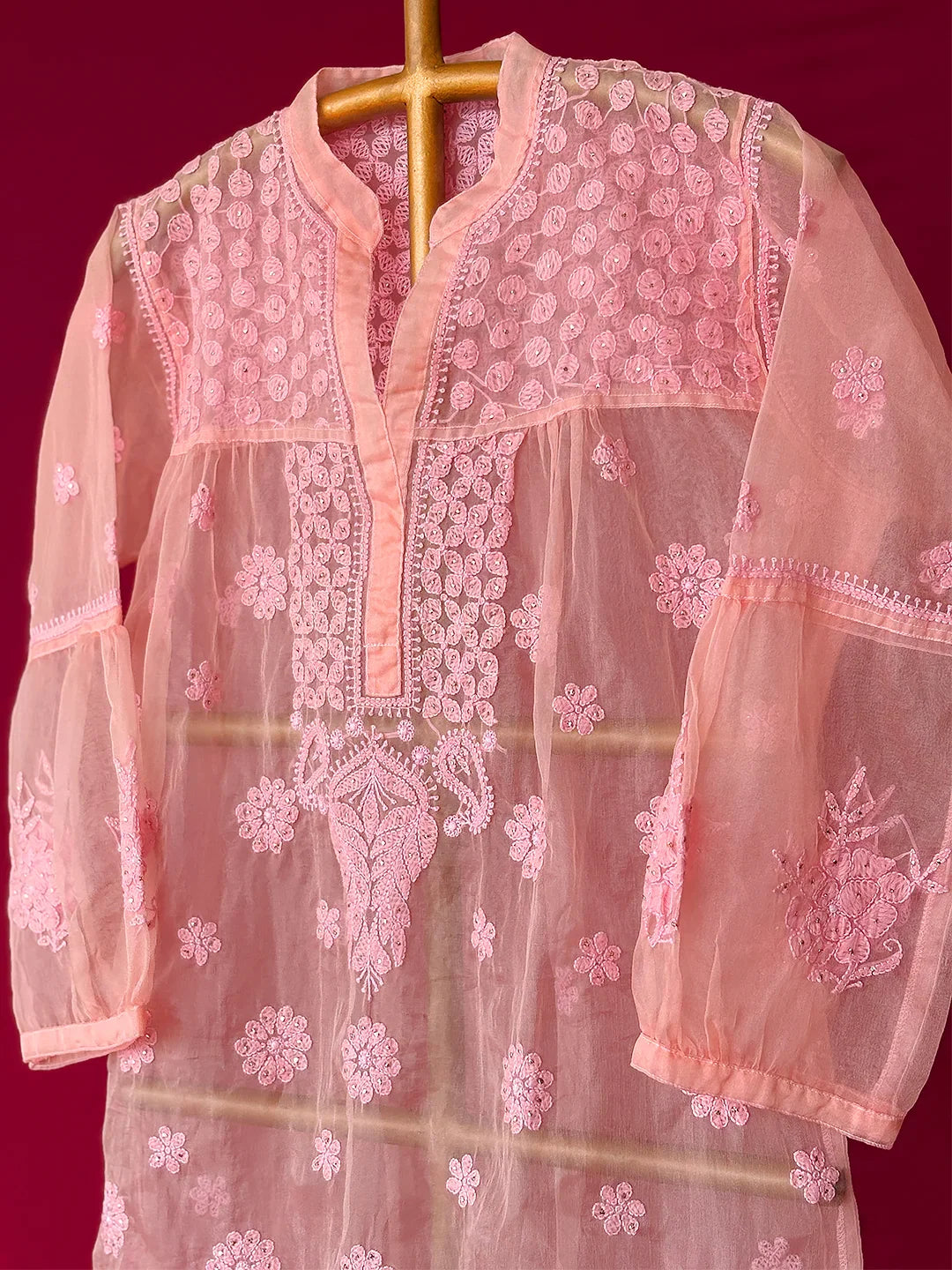 Aashna Organza Chikankari Short Kurta - Peach