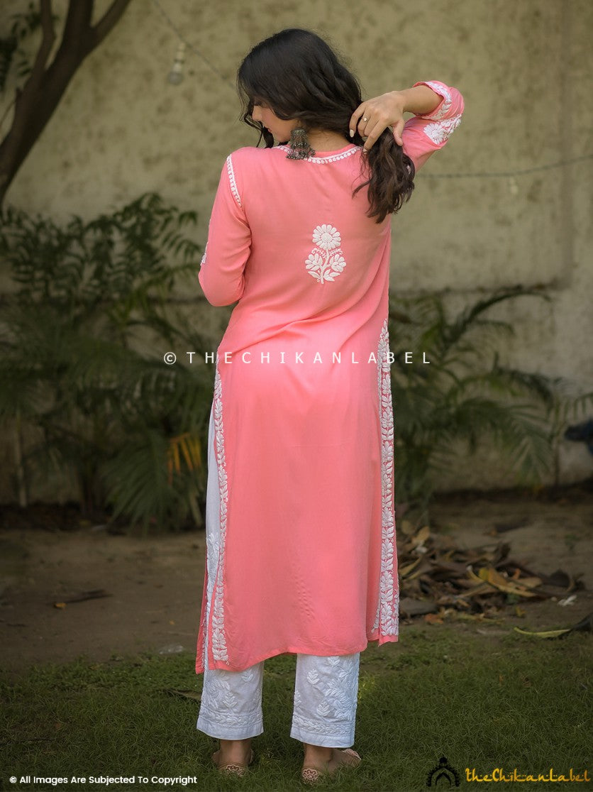 Light Peach Aidah Modal Chikankari Straight Kurti ,Chikankari Straight Kurti in Modal Fabric For Woman
