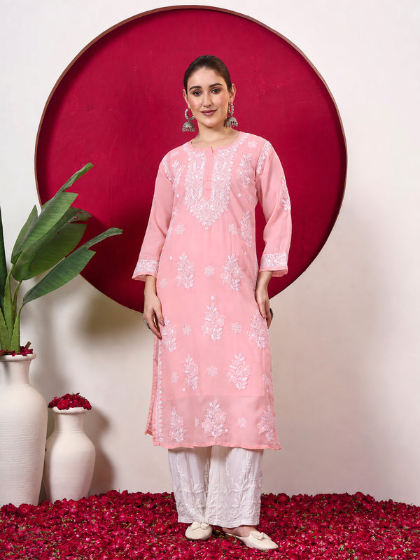 Chhavi Cotton Chikankari Straight Kurti with inner - Peach