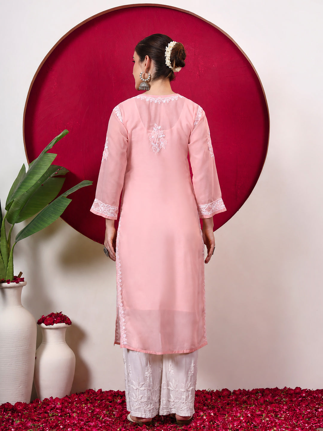 Chhavi Cotton Chikankari Straight Kurti with inner - Peach