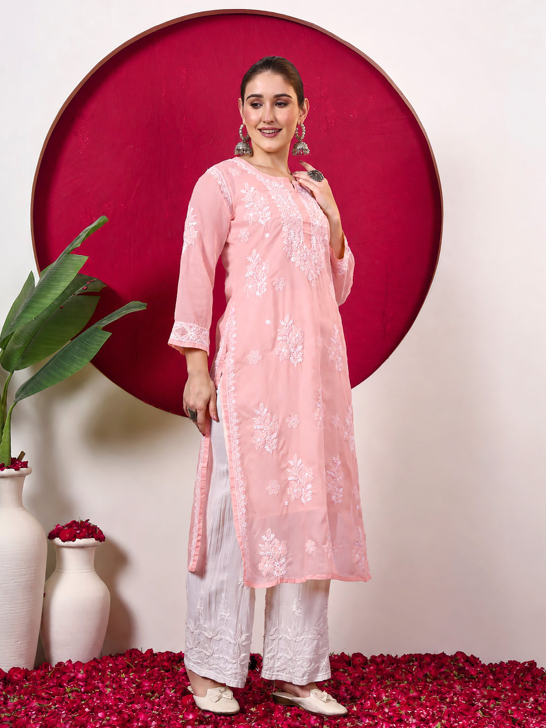 Chhavi Cotton Chikankari Straight Kurti with inner - Peach