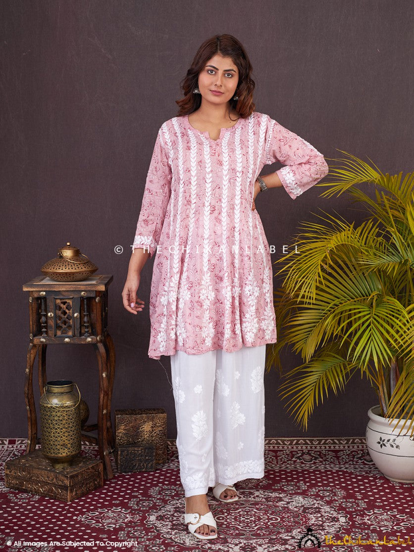 Peach Firosha Mulmul Chikankari Short Anarkali , Chikankari Short Anarkali in Mulmul fabric For woman