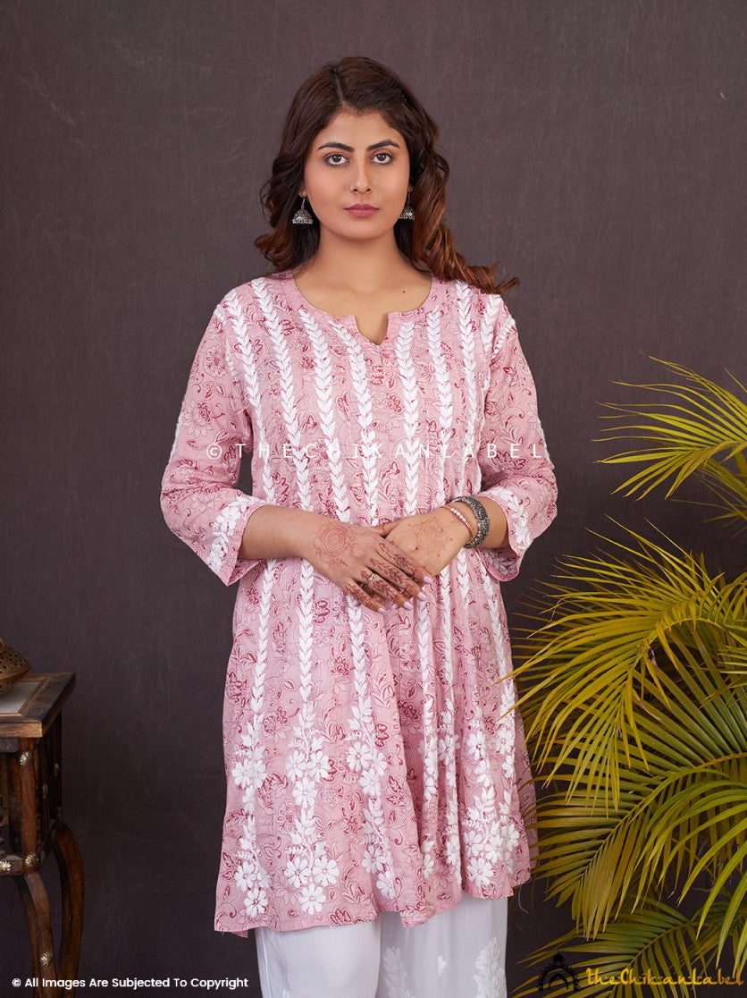Peach Firosha Mulmul Chikankari Short Anarkali , Chikankari Short Anarkali in Mulmul fabric For woman