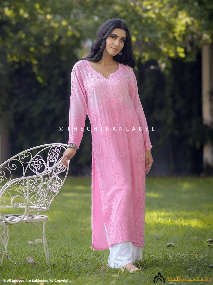 Peach Maisha Modal Chikankari Straight Kurti ,Chikankari Straight Kurti in Modal Fabric For Woman