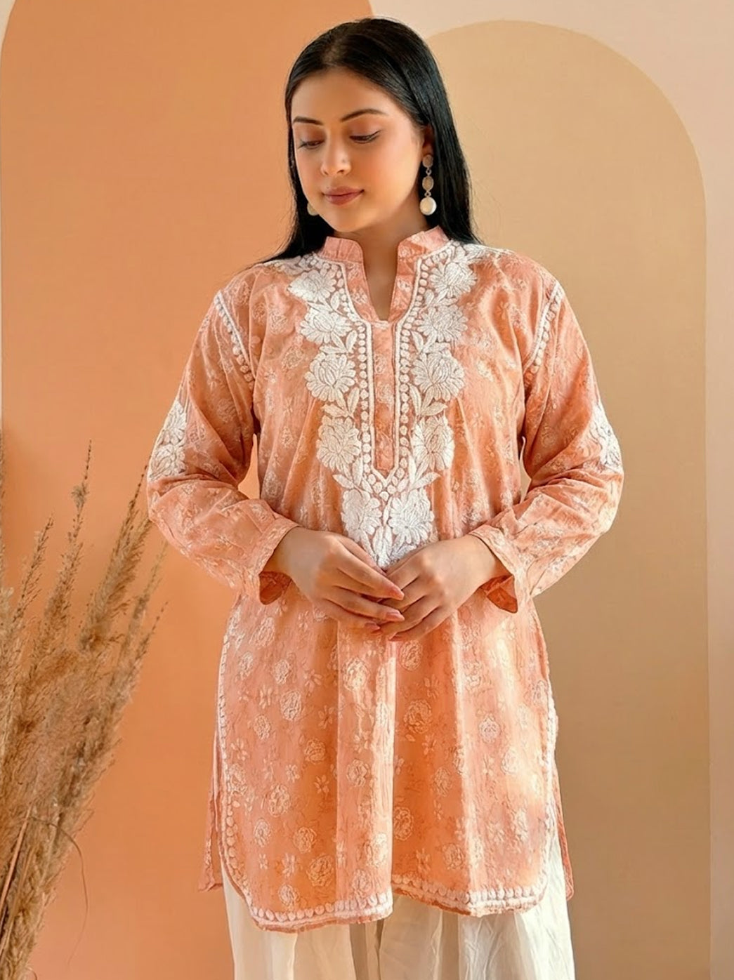 Peach Mulmul Printed Chikankari Farshi Salwar Set