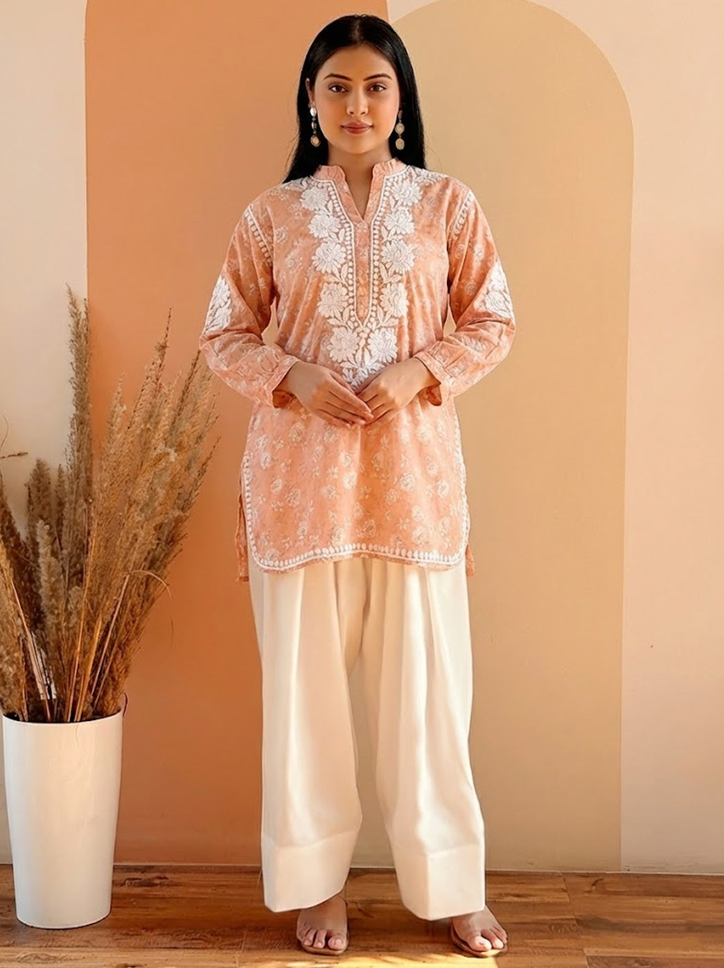 Peach Mulmul Printed Chikankari Farshi Salwar Set