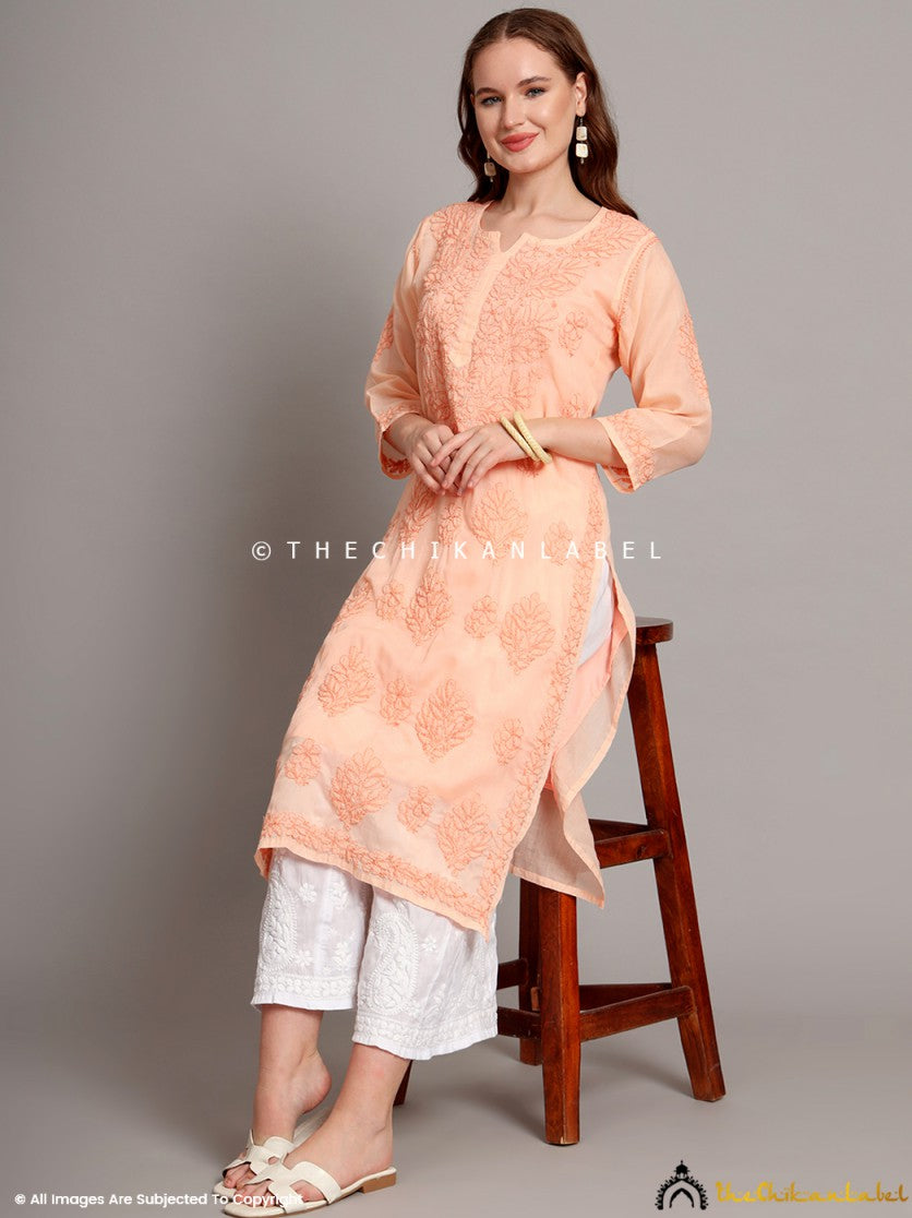 Peach Naina Cotton Chikankari Straight Kurti with inner