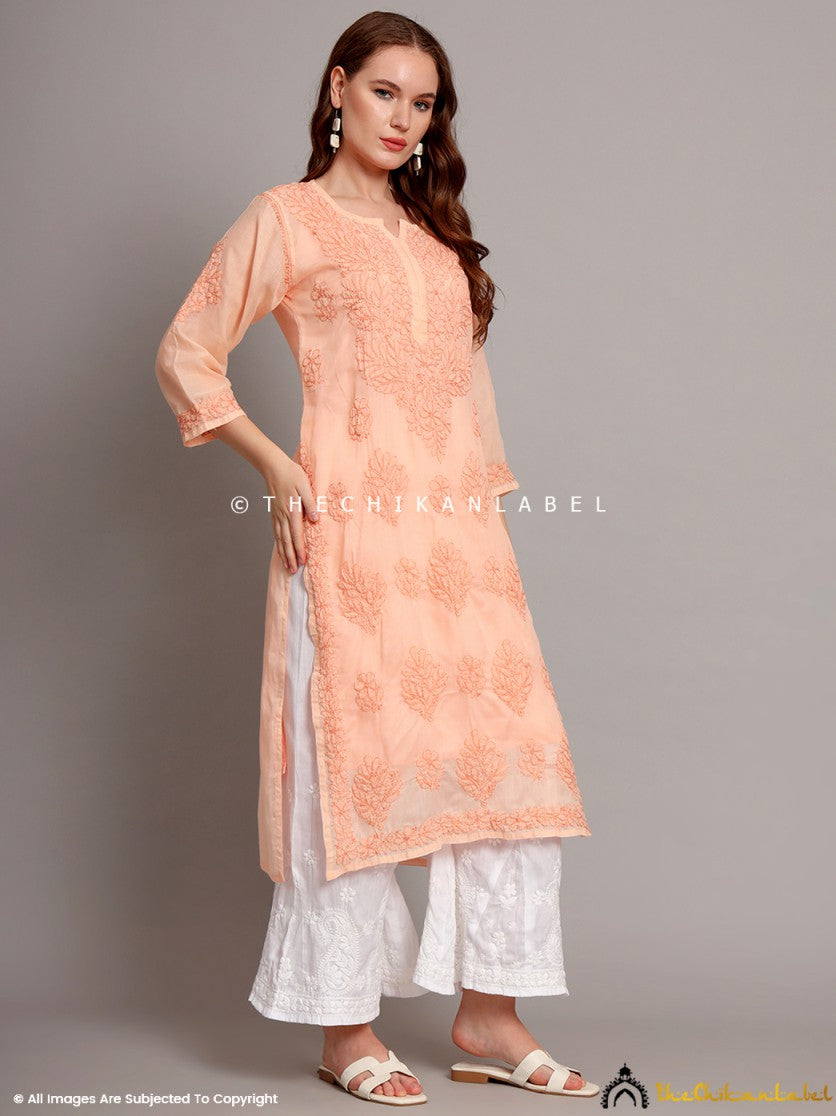 Peach Naina Cotton Chikankari Straight Kurti with inner