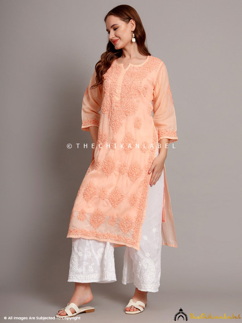 Peach Naina Cotton Chikankari Straight Kurti with inner