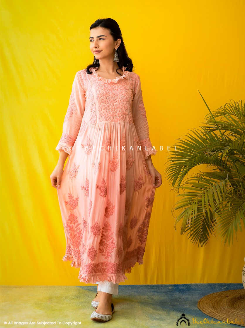 Peach Noori Muslin Chikankari Anarkali ,Chikankari Anarkali in Muslin Fabric For Woman